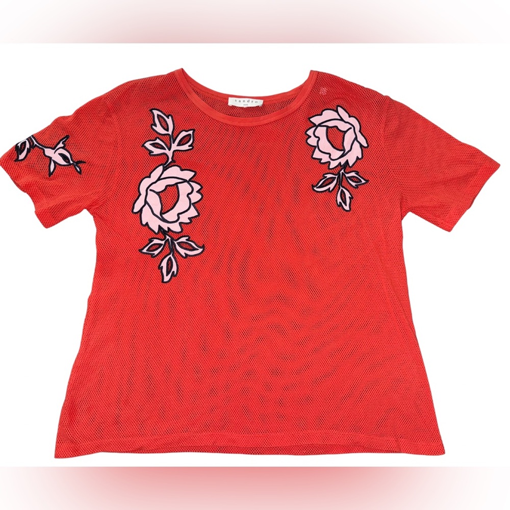 Sandro Red Mesh Top with Pink Floral Embroidery